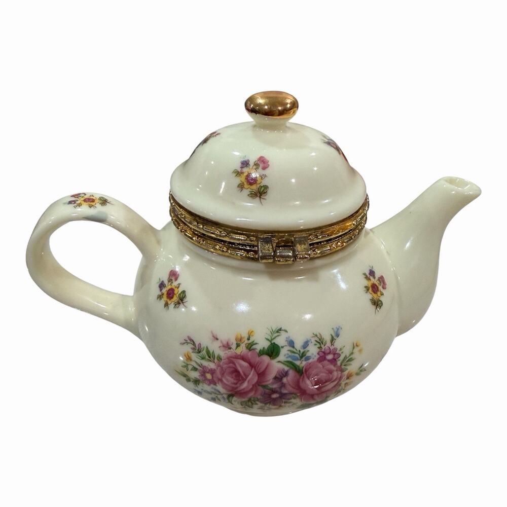 Formalities Baum Bros Ivory Floral Small Teapot Trinket Ceramic Jewelry Box